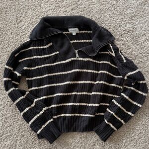 Evereve Black and Cream Striped Cowl Sweater